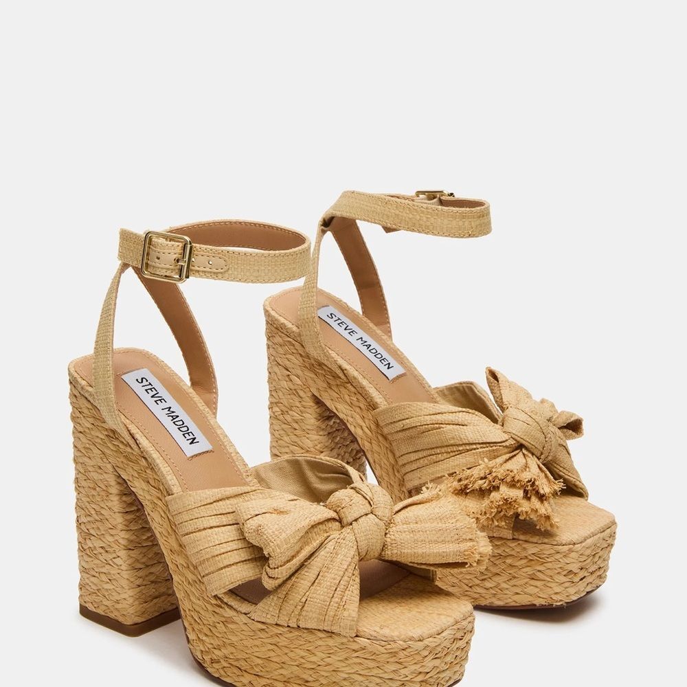 Steve Madden ROMEY Natural Raffia Bow Platform Sandals - Legs for Days